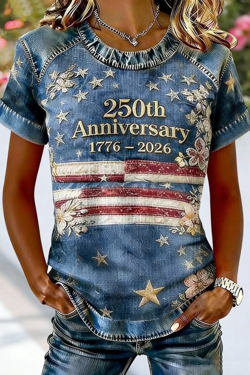 Waffle Color Block Crew Neck Short Sleeve Amercia Flag Roes Denim Look/Denim Effect Casual T-Shirt