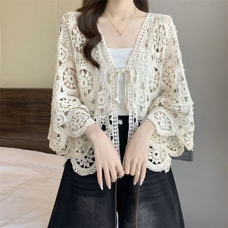 Hollow Knit Tie-Front Cardigan Top | Vintage Cotton Layering Knitwear