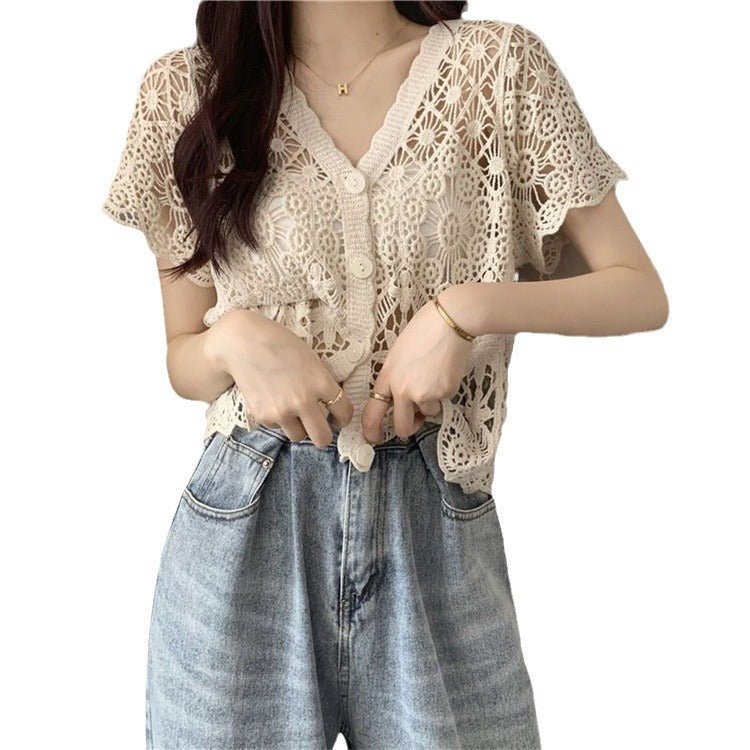Embroidered Crochet Short Sleeve Knit Cardigan | Cotton Urban Layering Top