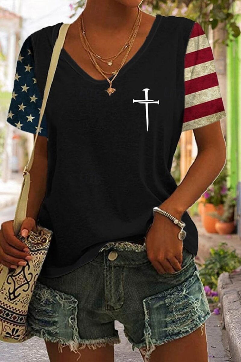 Women's American Flag Print V-Neck Cotton Blend Short Sleeve T-Shirt