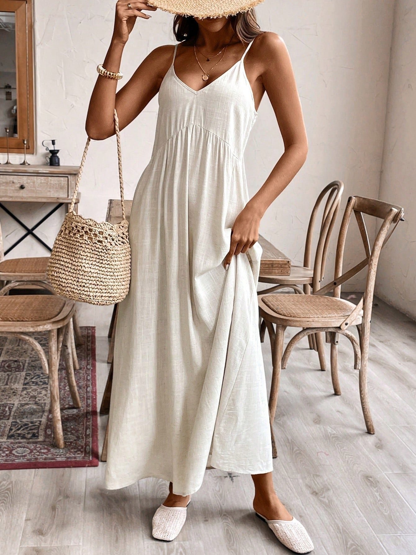 Solid Linen Loose Strap Dress | Casual Pullover Vacation Dress