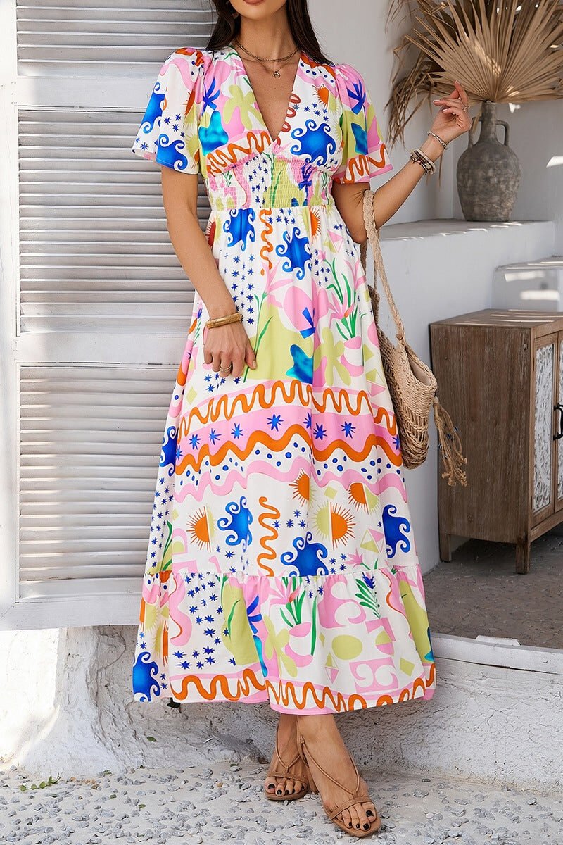 Bohemian Colorblock Print V-Neck Dress | Resort Vacation Wear