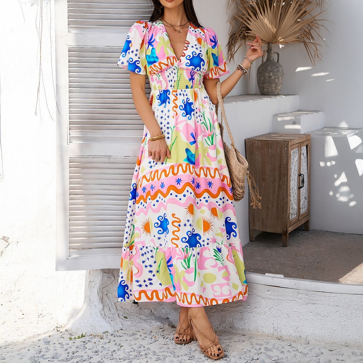 Bohemian Colorblock Print V-Neck Dress | Resort Vacation Wear
