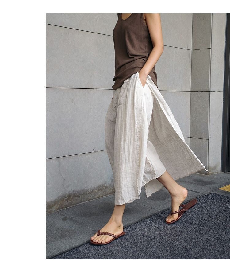 Faux Two-Piece Split Cropped Culotte Pants | Vintage Casual Skirt Trousers