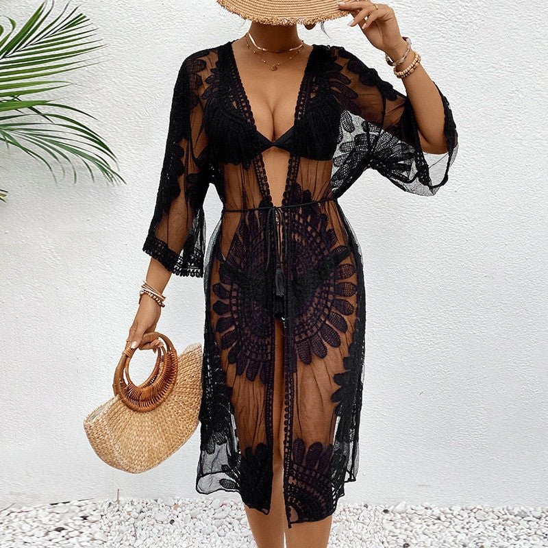 Lace Embroidered Floral Kimono Bikini Cover-Up | Cotton-Blend Resort Beach Cardigan