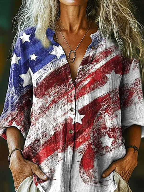 Women's Vintage Independence Day Flag Print Lapel Shirt