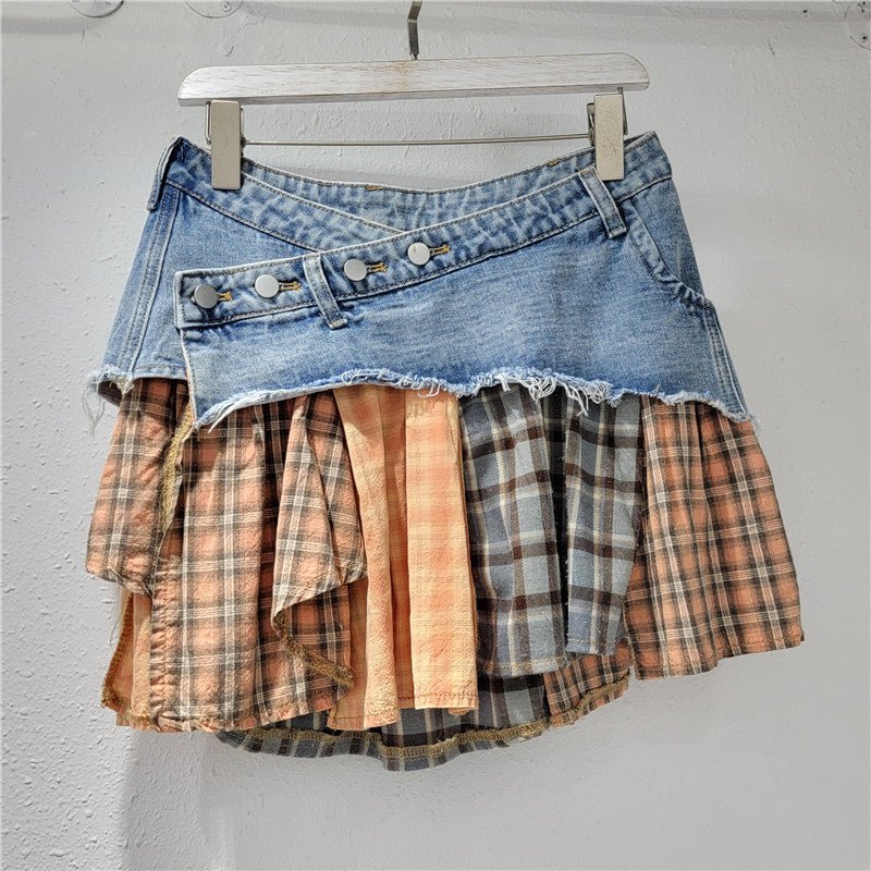 Low-Rise Patchwork Denim Asymmetrical Mini Skirt | American Streetwear Skirt