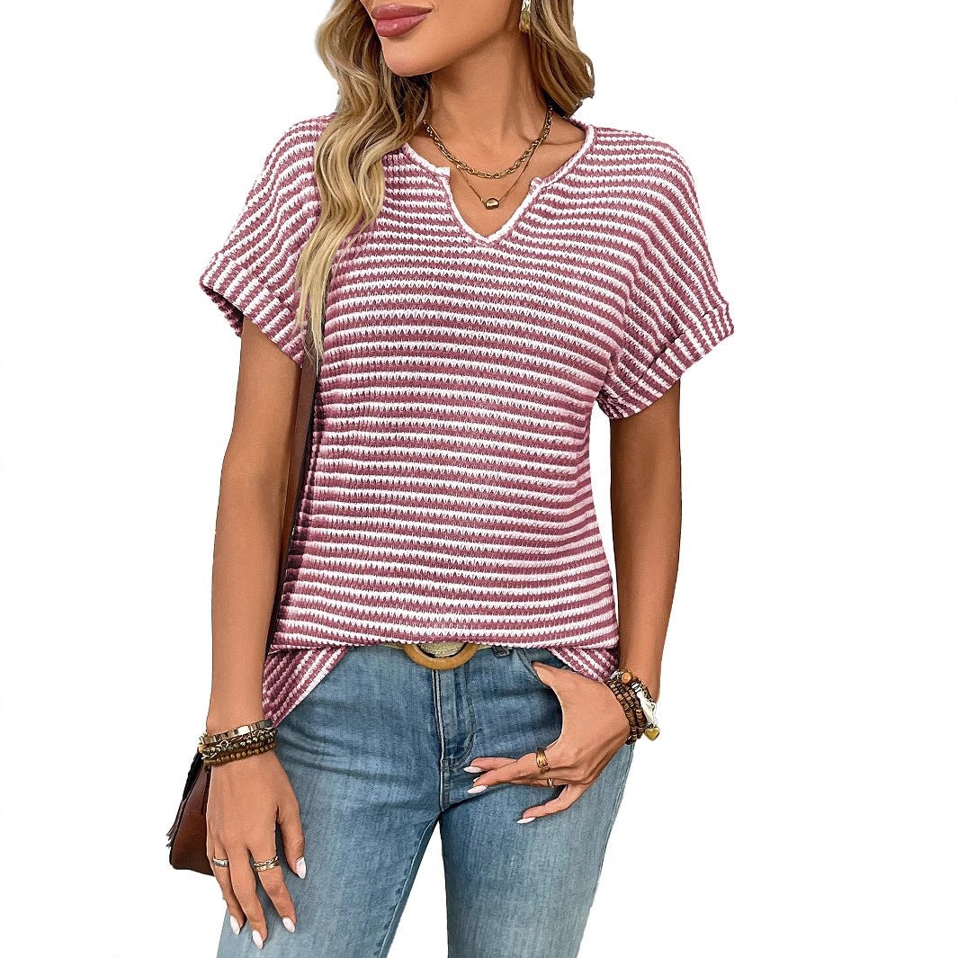 Striped V-Neck Raglan Sleeve T-Shirt | Casual Loose Fit Tee