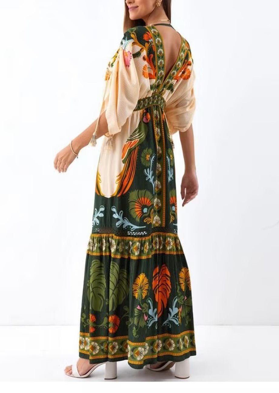 Vintage Ethnic Print V-Neck Dress | Boho Resort Wear