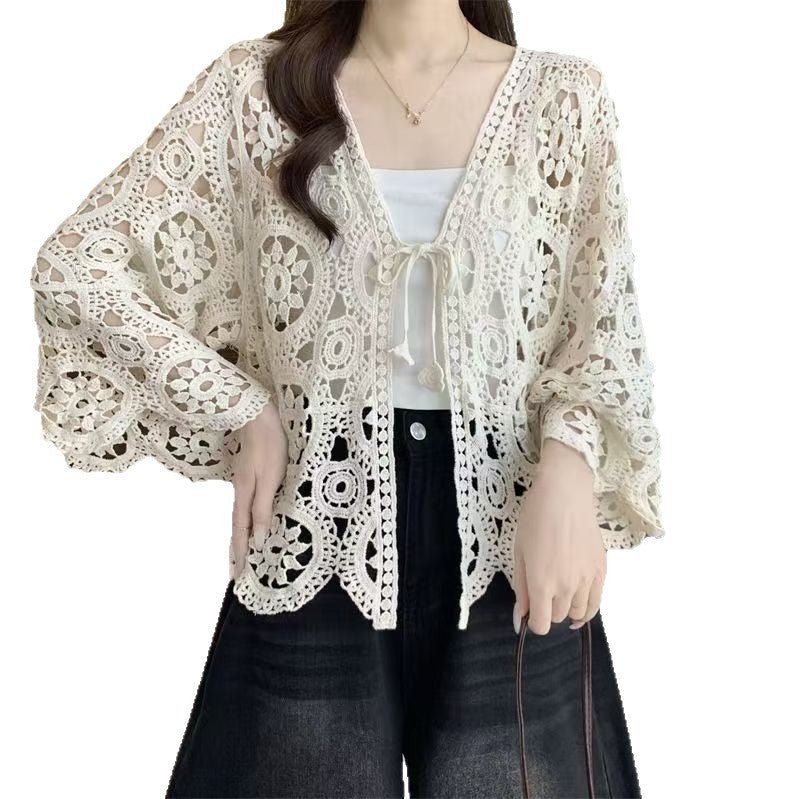 Hollow Knit Tie-Front Cardigan Top | Vintage Cotton Layering Knitwear