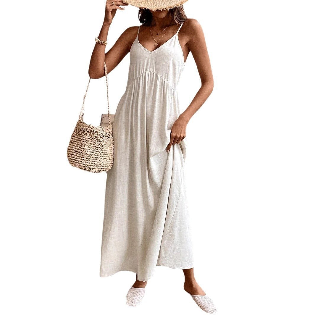 Solid Linen Loose Strap Dress | Casual Pullover Vacation Dress