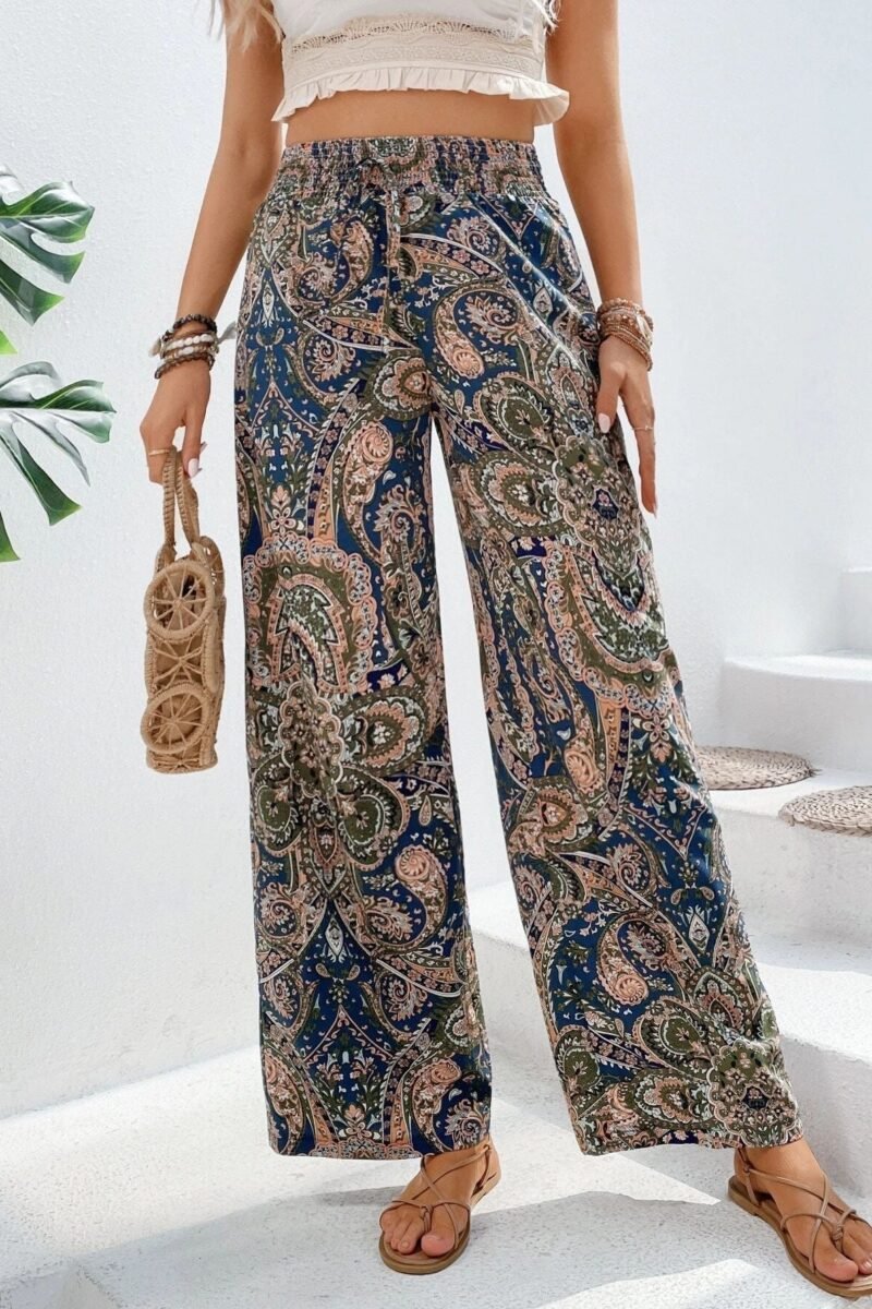 Printed Elastic Waist Wide-Leg Pants | Summer Casual Travel Trousers