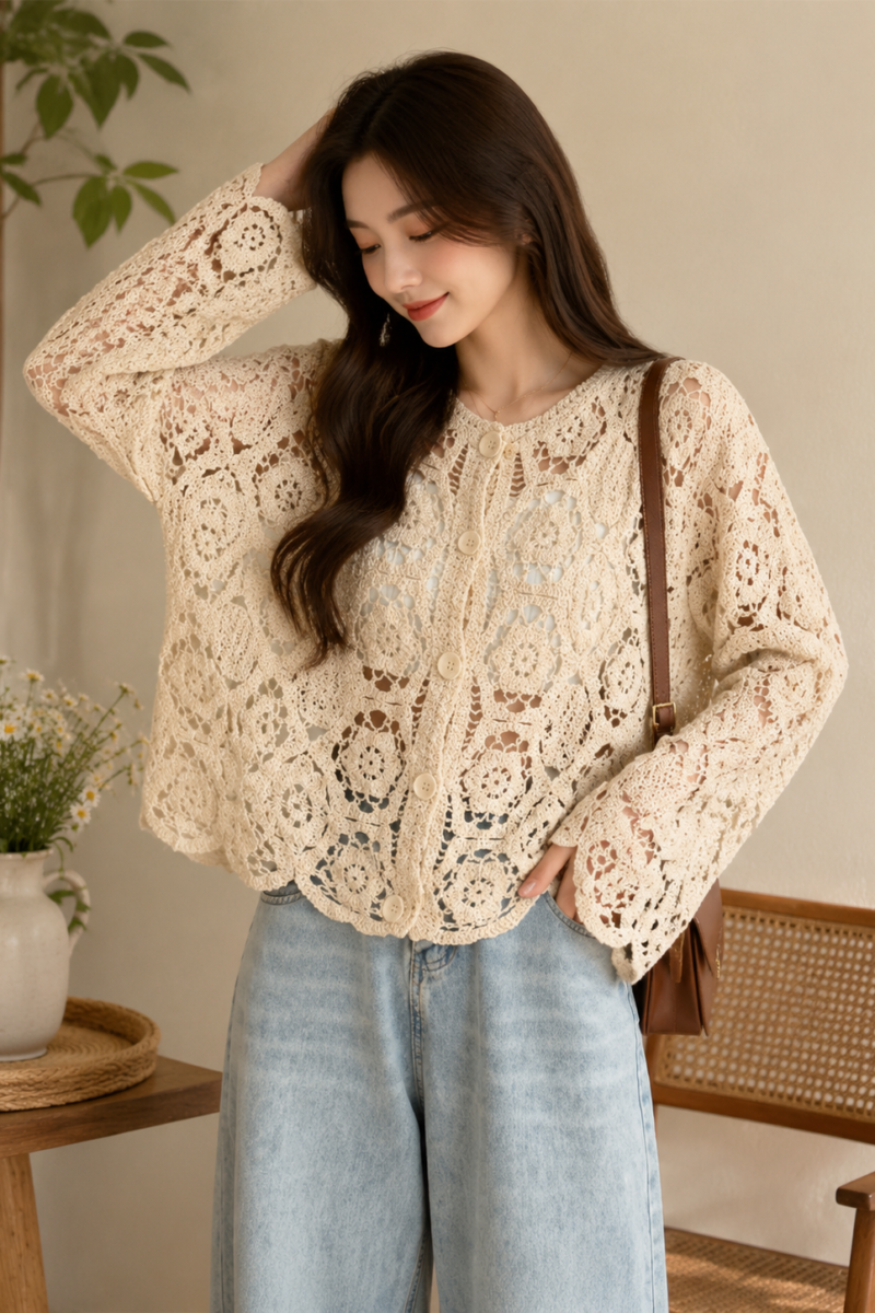 Vintage Jacquard Crochet Patchwork Knit Cardigan Top