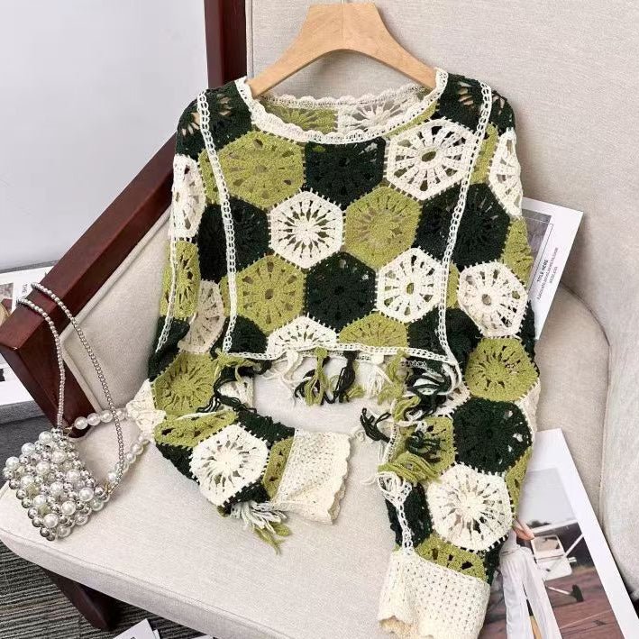 Fringe Hollow Crochet Batwing Sleeve Cover-Up Top | Vintage Cotton Pullover