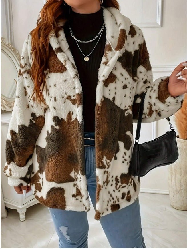 Printed Fuzzy Hooded Wool-Blend Jacket | Cozy Autumn Winter Boutique Outerwear