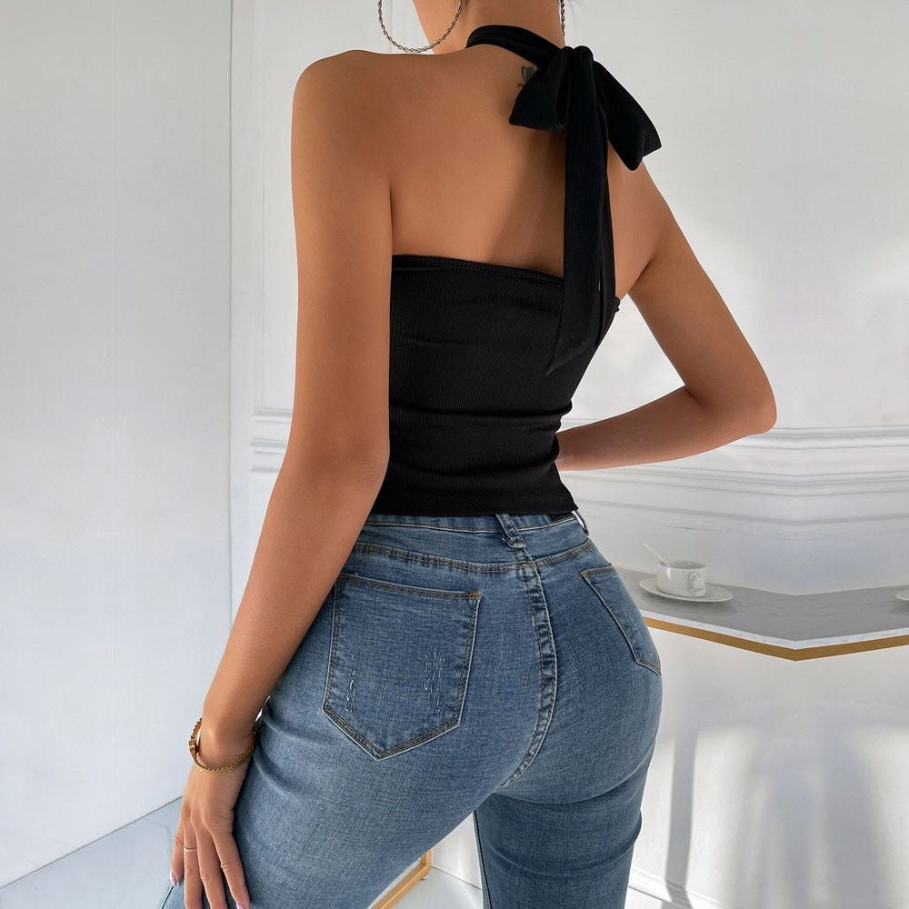 Solid Cross Halter Slim Fit Viscose Cami Top | Open Back Layering Top