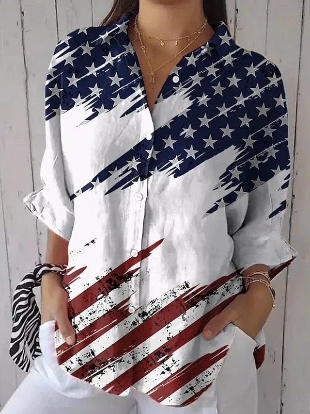 Women's American Flag Printed Casual Mid-Length Sleeve Shirt