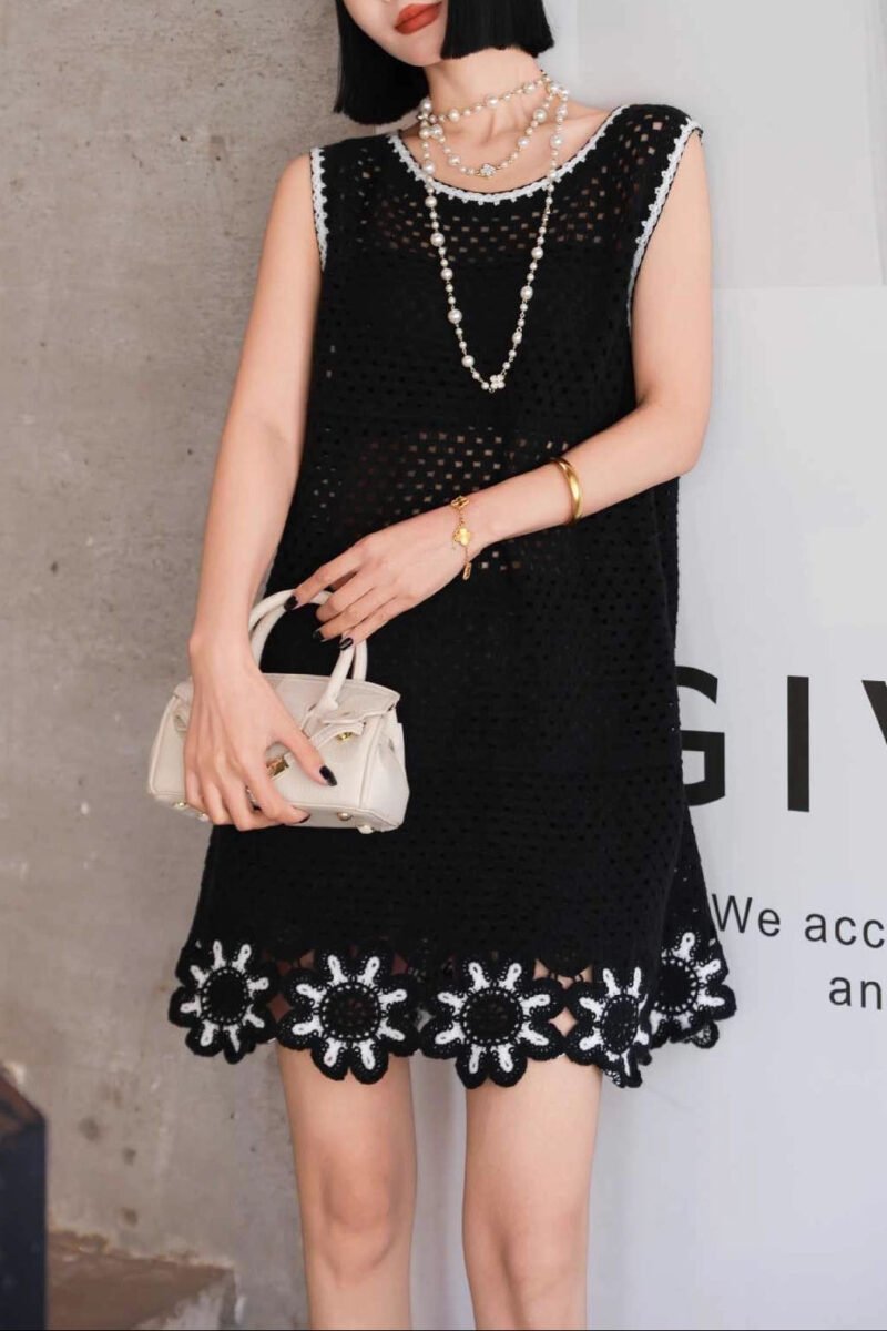 Hollow Lace Patchwork Sleeveless Dress | French Minimalist Cotton Dress