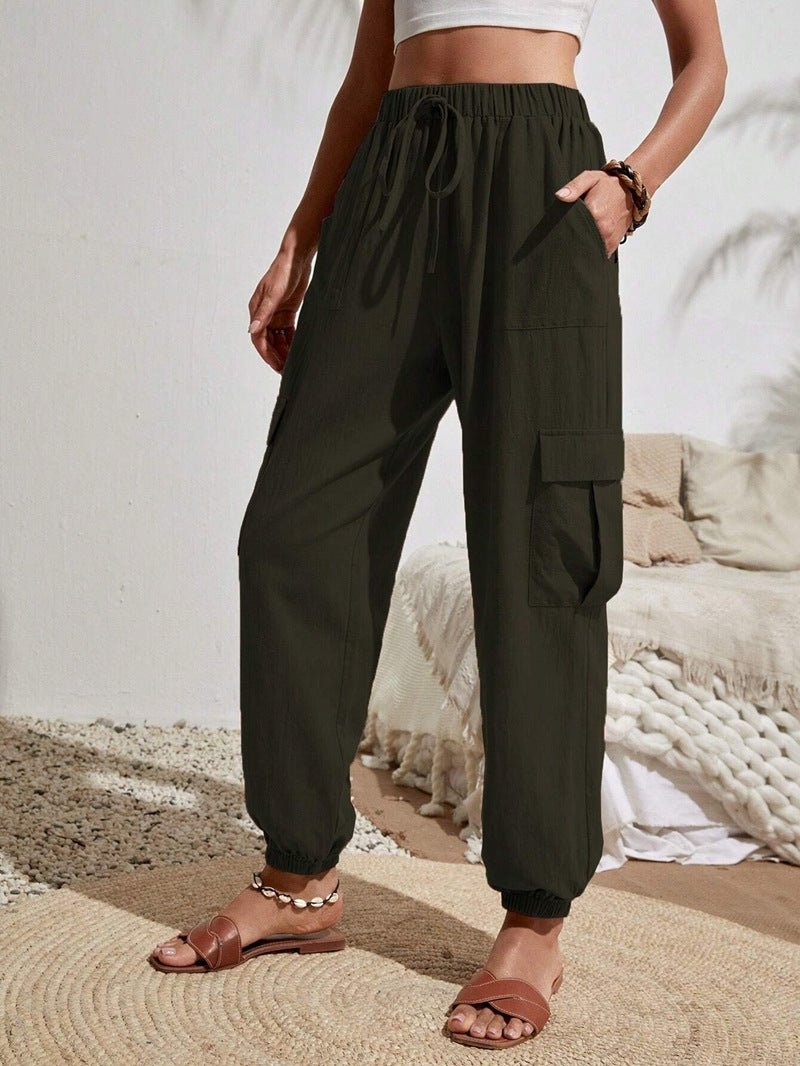 Solid Pocket Casual Cargo Pants | Elastic Waist Utility Trousers