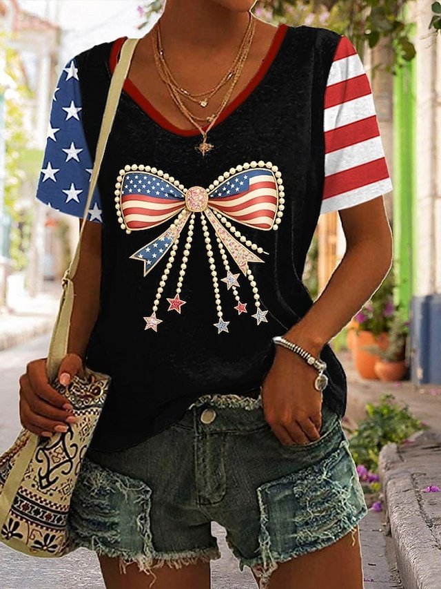 Women's American Flag Print V-Neck Cotton Blend Short Sleeve T-Shirt