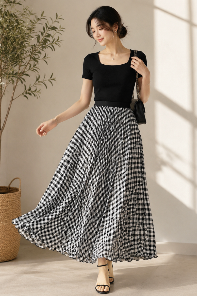 Plaid Floral Wavy Pleated Maxi Skirt | High-Waist Cotton-Blend Skirt
