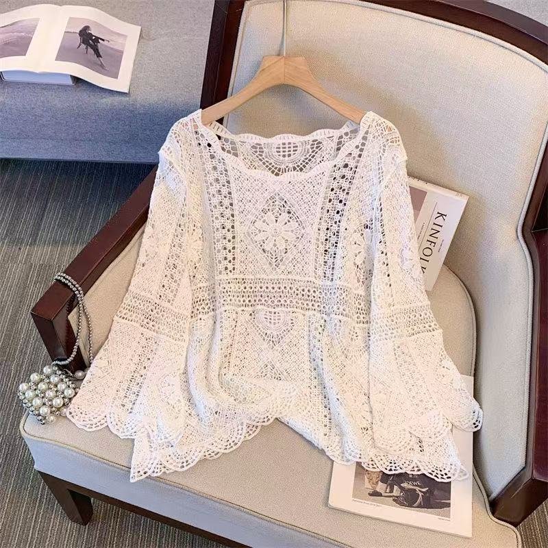 Boho Crochet Hollow Knit Pullover Top | Bell Sleeve Cotton Cover-Up
