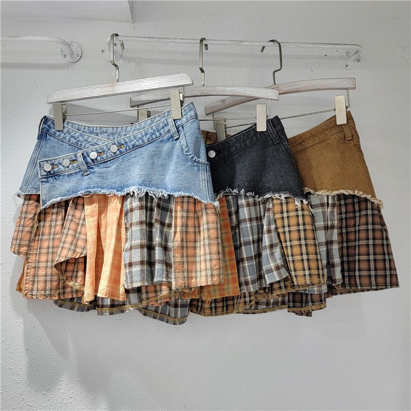 Low-Rise Patchwork Denim Asymmetrical Mini Skirt | American Streetwear Skirt