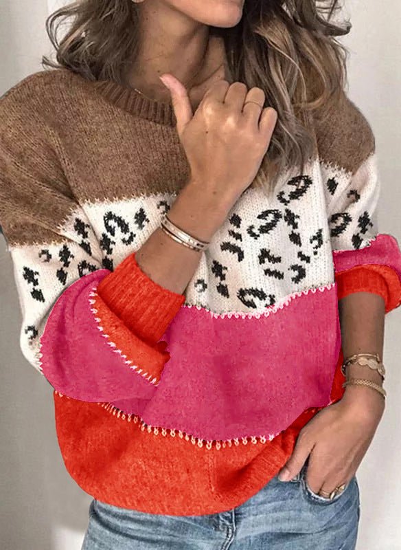 Leopard Patchwork Asymmetrical Pullover Knit Sweater | Plus-Size Friendly Boutique Top