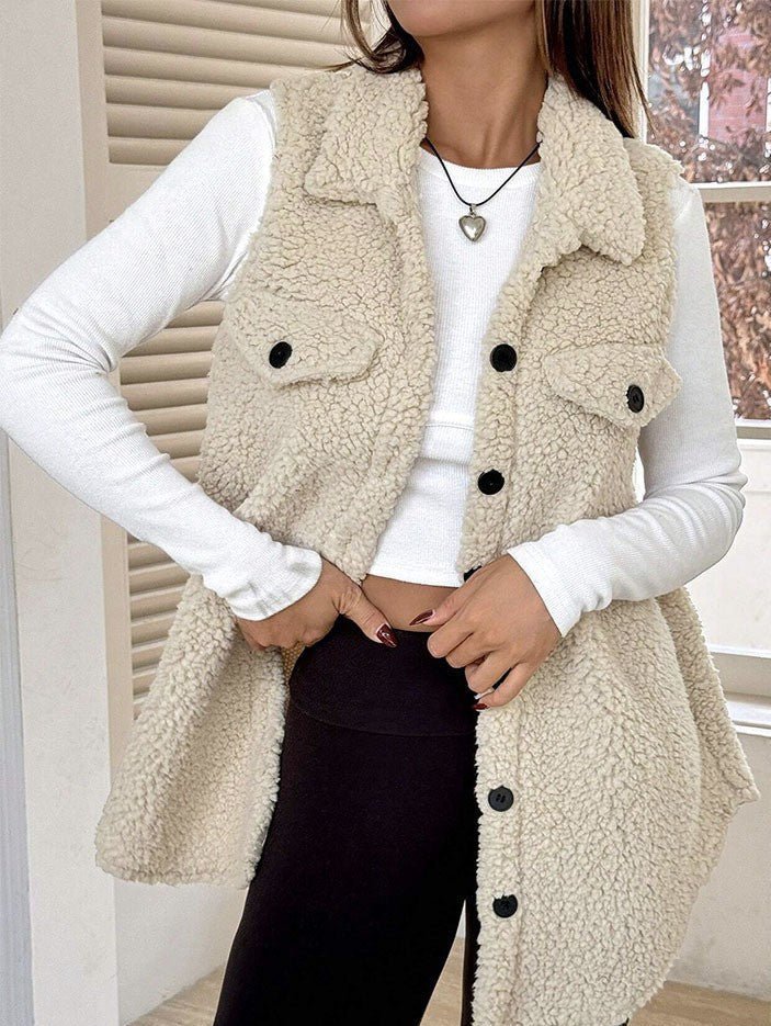 Faux Shearling Lapel Button Vest Coat | Cozy Wool-Blend Boutique Outerwear
