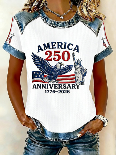 250th anniversary Crew Neck Independence Day Color Block Waffle Casual Regular Fit T-Shirt