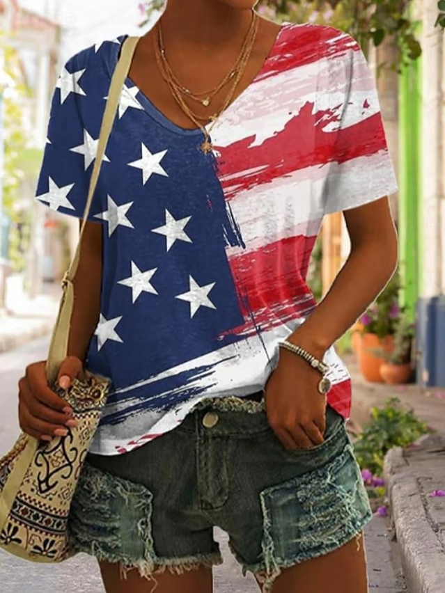 Women's American Flag Printed Casual Cotton V-Neck T-Shirt