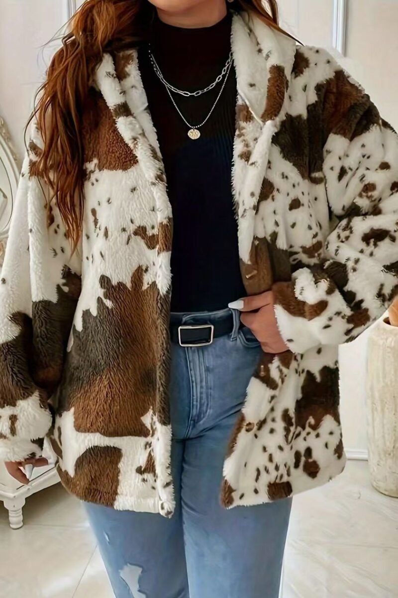 Printed Fuzzy Hooded Wool-Blend Jacket | Cozy Autumn Winter Boutique Outerwear
