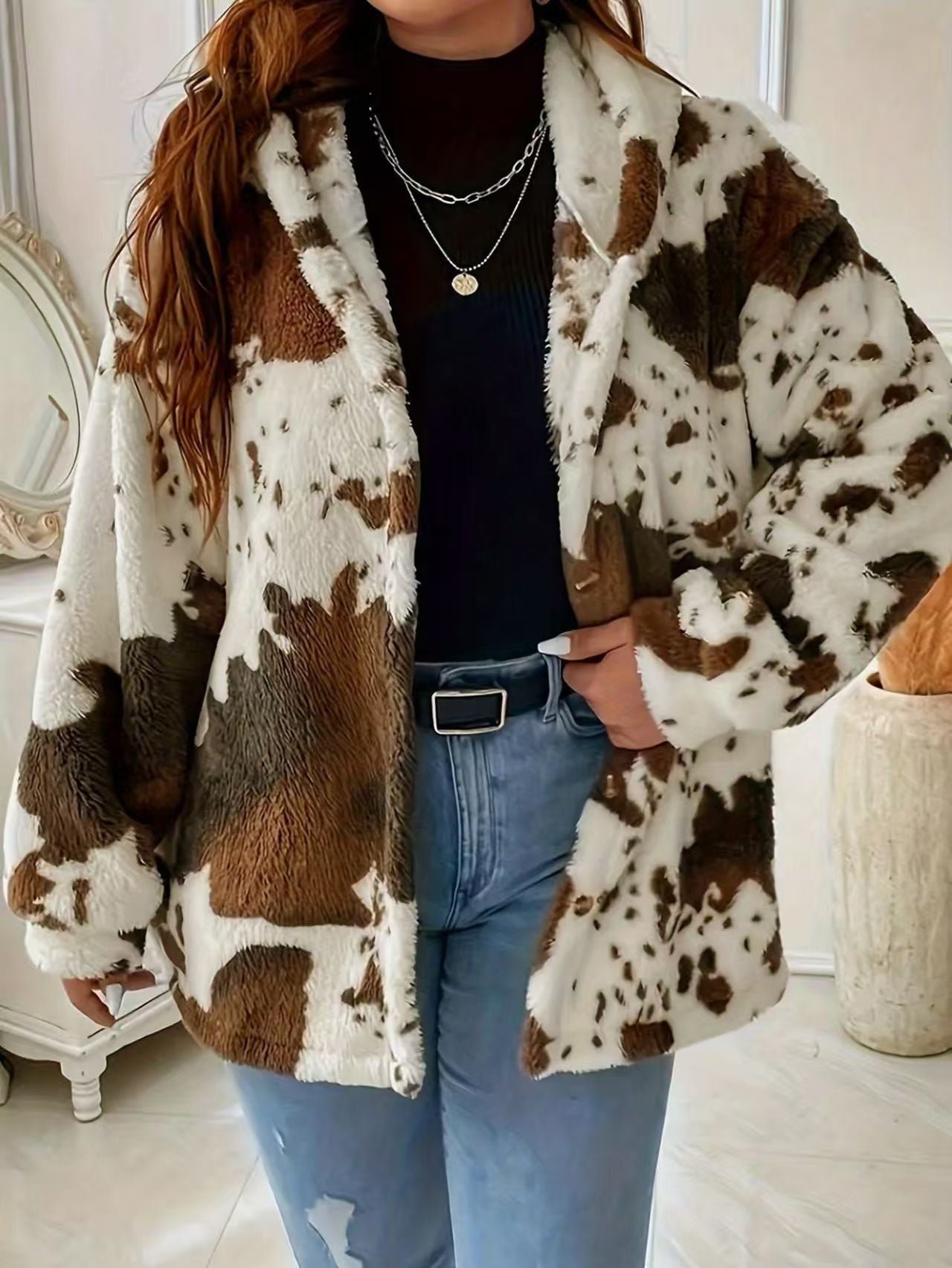 Printed Fuzzy Hooded Wool-Blend Jacket | Cozy Autumn Winter Boutique Outerwear