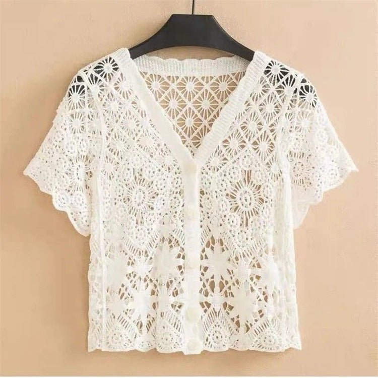 Embroidered Crochet Short Sleeve Knit Cardigan | Cotton Urban Layering Top