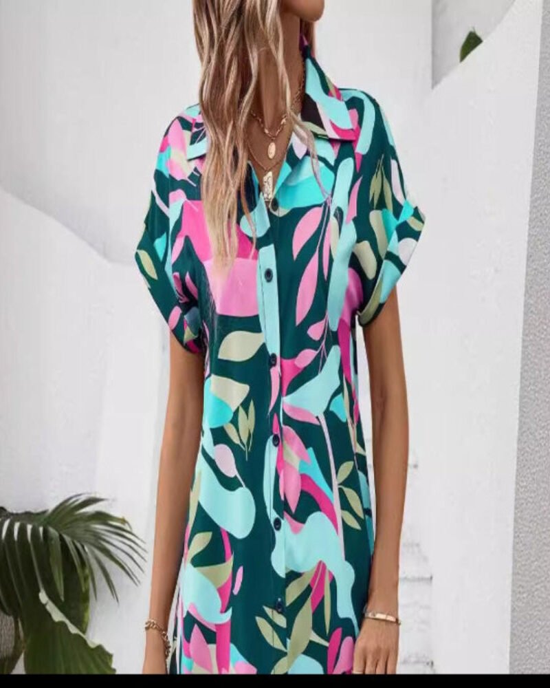 Colorful Floral Print Short Sleeve Shirt Dress | High-Waist Vacation Boutique Dress