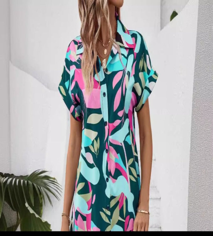 Colorful Floral Print Short Sleeve Shirt Dress | High-Waist Vacation Boutique Dress