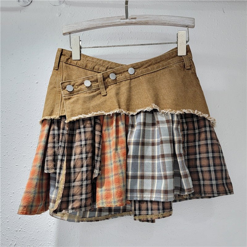 Low-Rise Patchwork Denim Asymmetrical Mini Skirt | American Streetwear Skirt