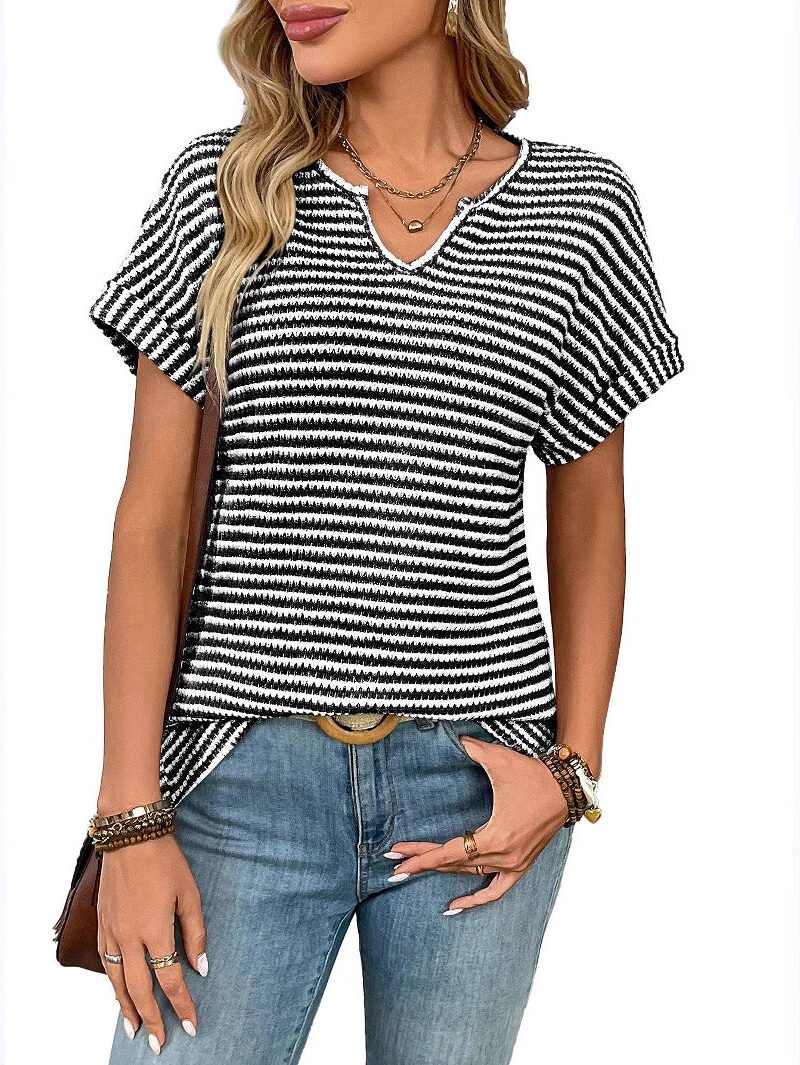 Striped V-Neck Raglan Sleeve T-Shirt | Casual Loose Fit Tee