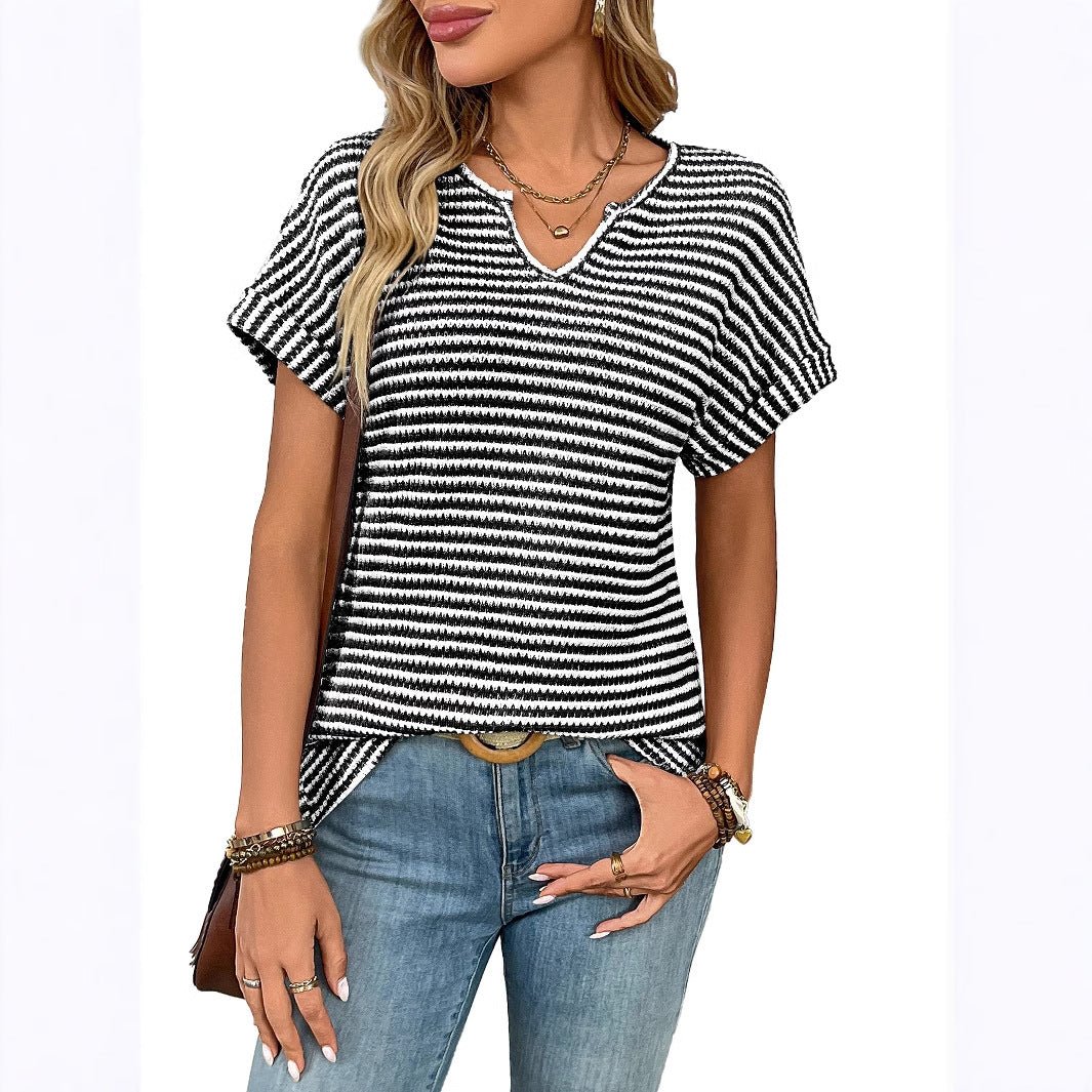 Striped V-Neck Raglan Sleeve T-Shirt | Casual Loose Fit Tee