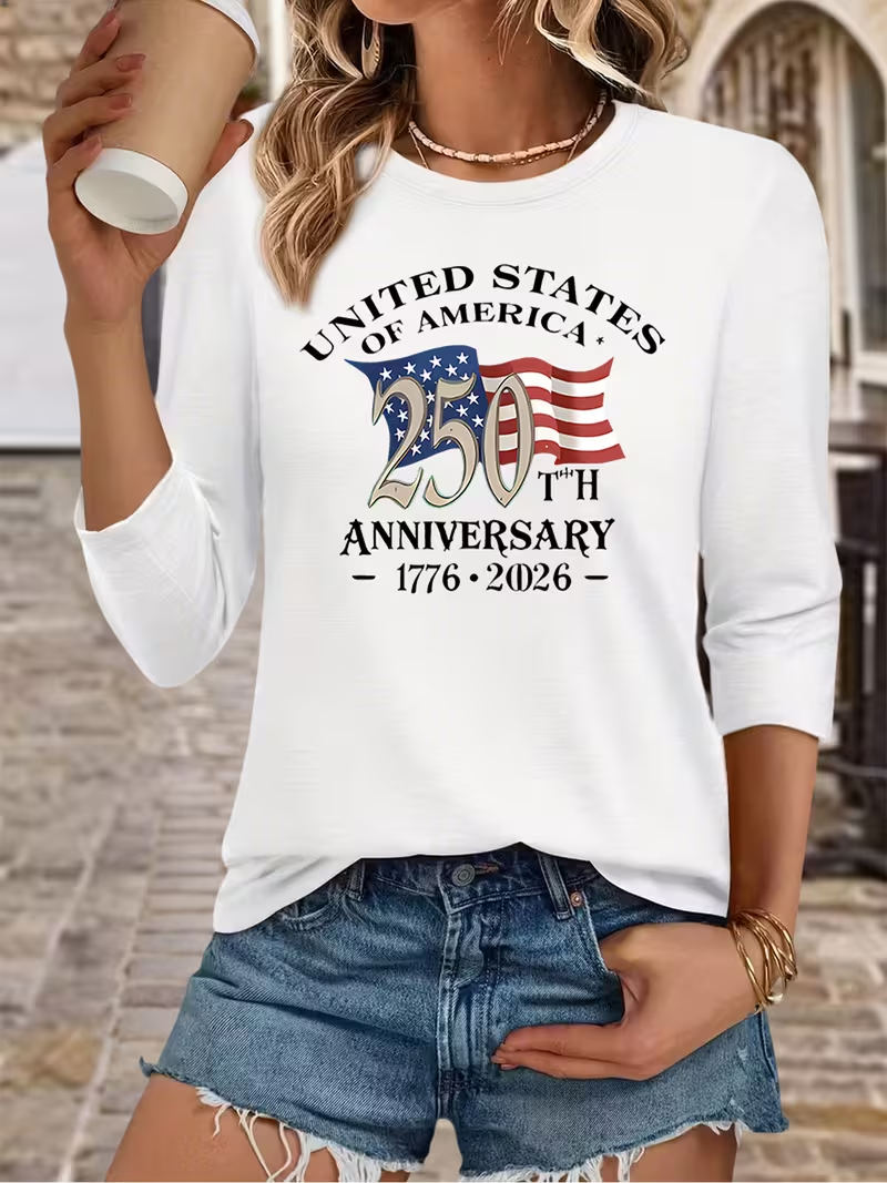 Women's USA 250th Anniversary Long Sleeve T-shirt Spring/Fall Red America Flag Printing Jersey Crew Neck Daily Going Out Casual Top